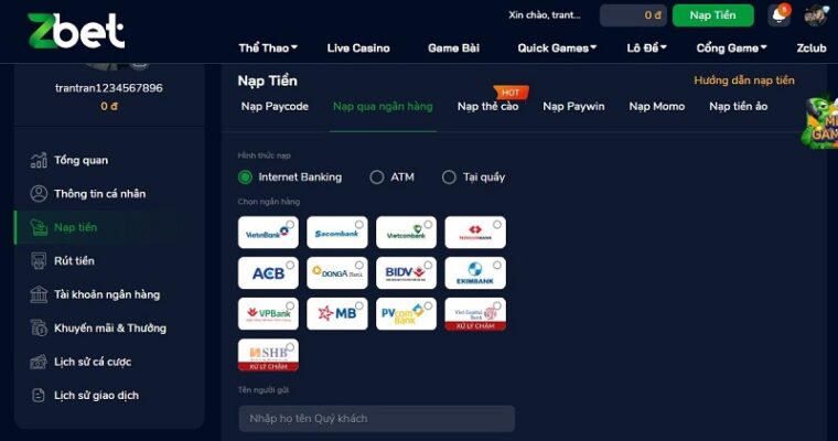 Nạp tiền ZBET qua thẻ cào