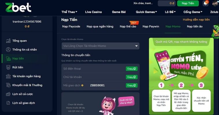 Nạp tiền ZBET qua Momo