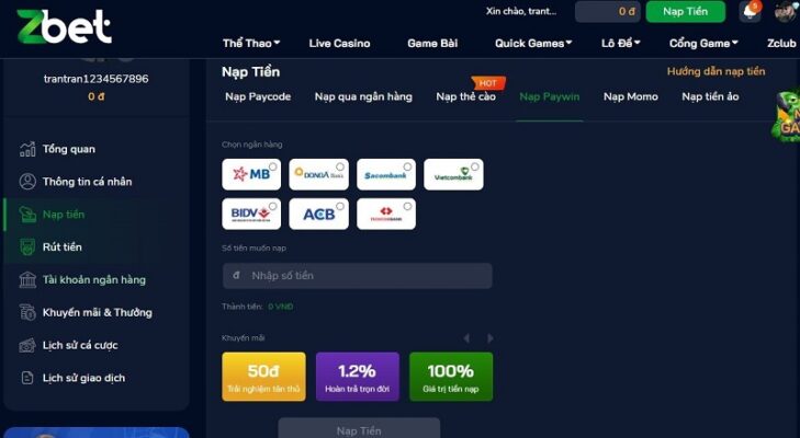Nạp tiền ZBET qua Paywin